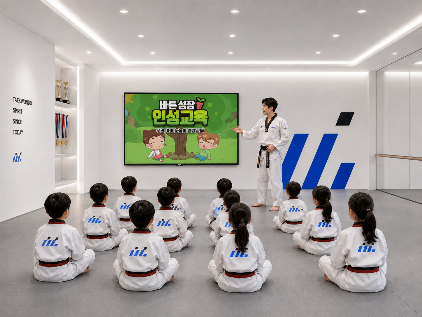 인성교육 영상을 함께 보는 태권도 수업 모습